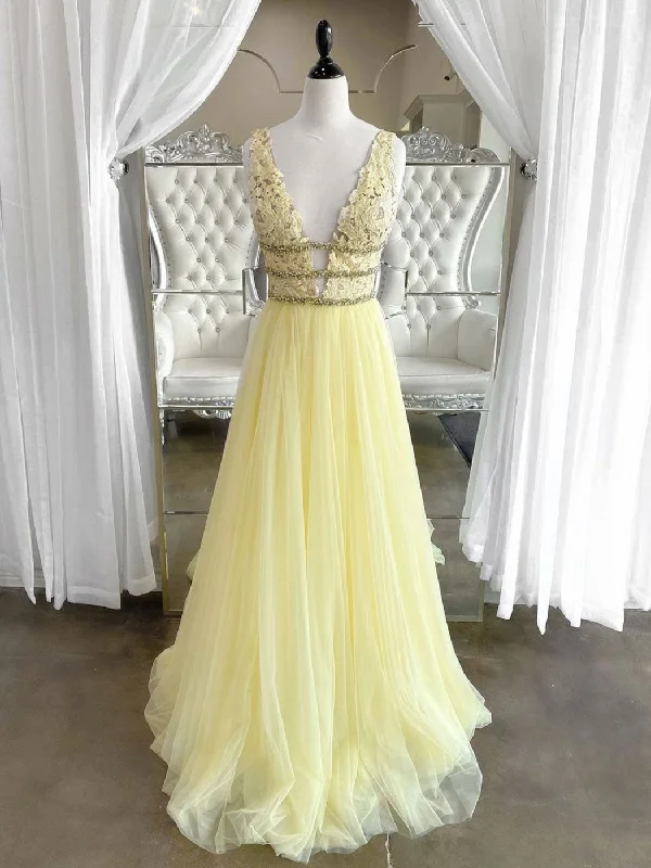 Easy-to-Wear Yellow v neck tulle lace long prom dress, yellow tulle lace evening dress